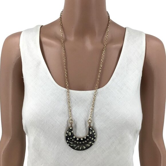 Bib Necklace Boho Style 28 Inch Length Gold Tone Chain Black White Plate - Picture 1 of 4